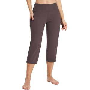 image:imagebaleaf Womens Capri Pants with Pockets High Waist Cropped Pants  Wide Leg Cropped 21 High Waisted Tummy Control Non seethrough 4Way Stretch for Summer WorkoutDark Brown