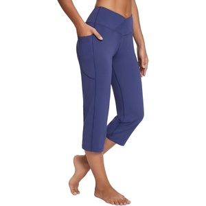 image:imagebaleaf Womens Capri Pants with Pockets High Waist Cropped Pants  Wide Leg Cropped 21 High Waisted Tummy Control Non seethrough 4Way Stretch for Summer WorkoutV Waistnavy Blue