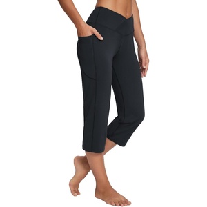 image:imagebaleaf Womens Capri Pants with Pockets High Waist Cropped Pants  Wide Leg Cropped 21 High Waisted Tummy Control Non seethrough 4Way Stretch for Summer WorkoutV Waistblack
