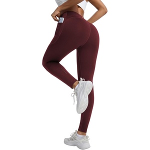 image:imagebaleaf Womens Fleece Lined Leggings with Pockets Sandwich WaistbandWine Red